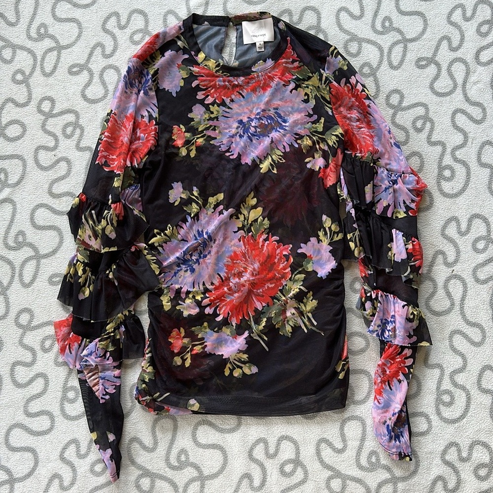 Cinq a Sept Elle Floral-Print Ruffle-Sleeve Shirred Top